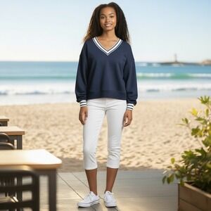 Sincerely Jules Navy Blue V-Neck Sweatshirt XS Preppy Nautical Coastal Stretch